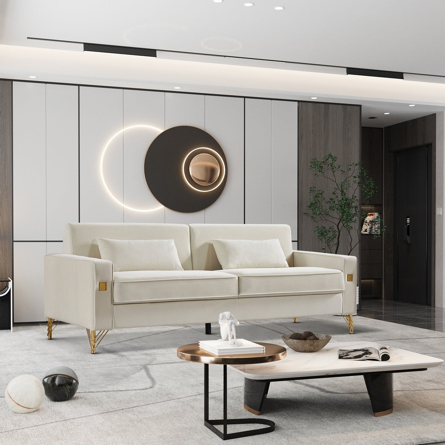 Divano moderno 85.44 imbottito in velluto con gambe dorate e cuscini per soggiorno