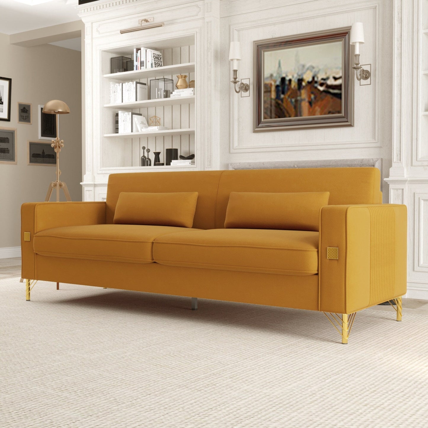 Divano moderno in velluto a 3 posti 85.63 con dettagli dorati e cuscini morbidi per il soggiorno