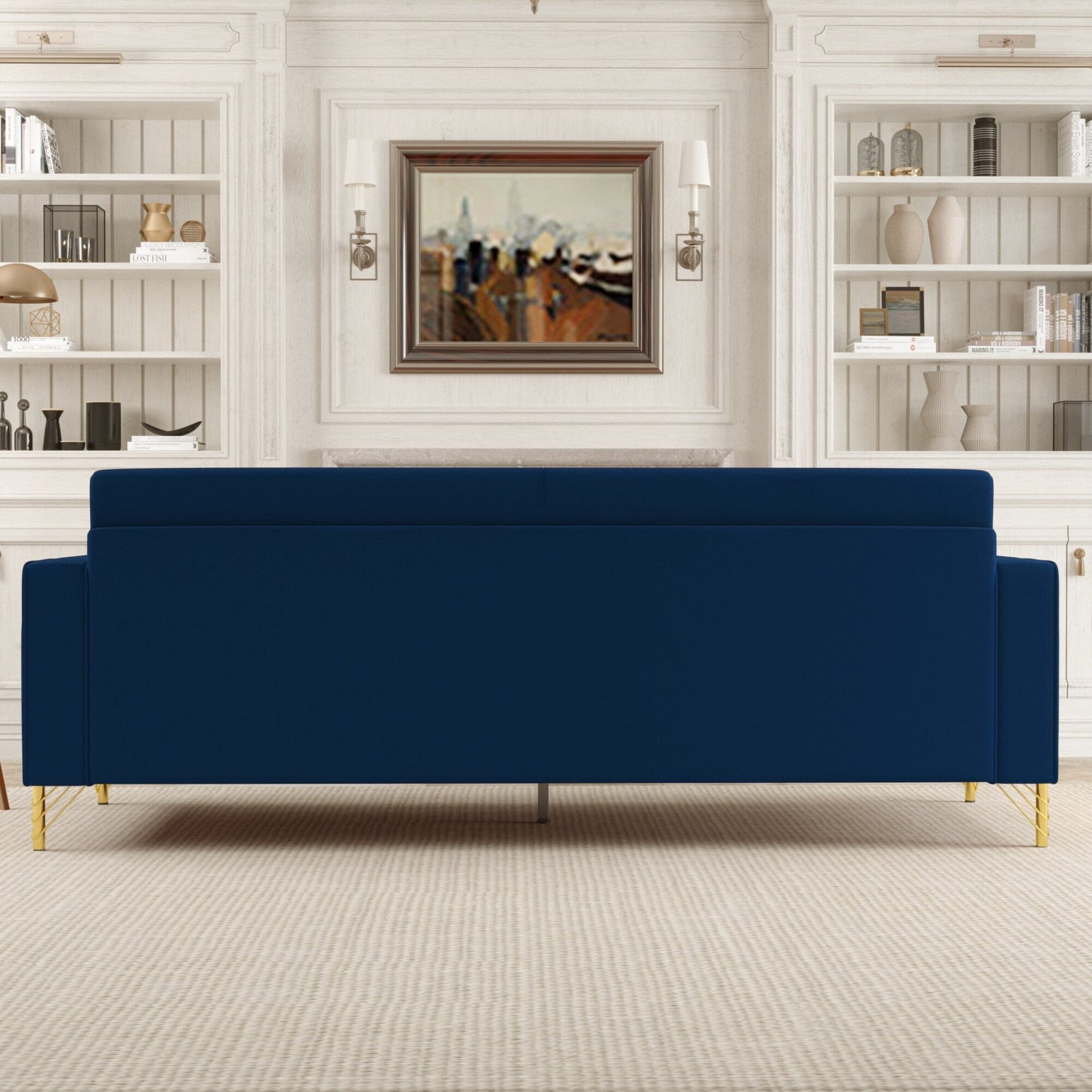 Divano moderno in velluto a 3 posti 85.63 con dettagli dorati e cuscini morbidi per il soggiorno