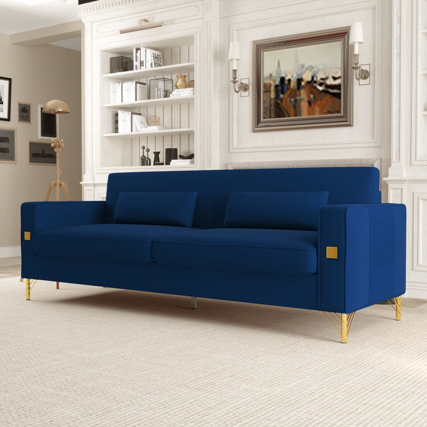 Divano moderno in velluto a 3 posti 85.63 con dettagli dorati e cuscini morbidi per il soggiorno