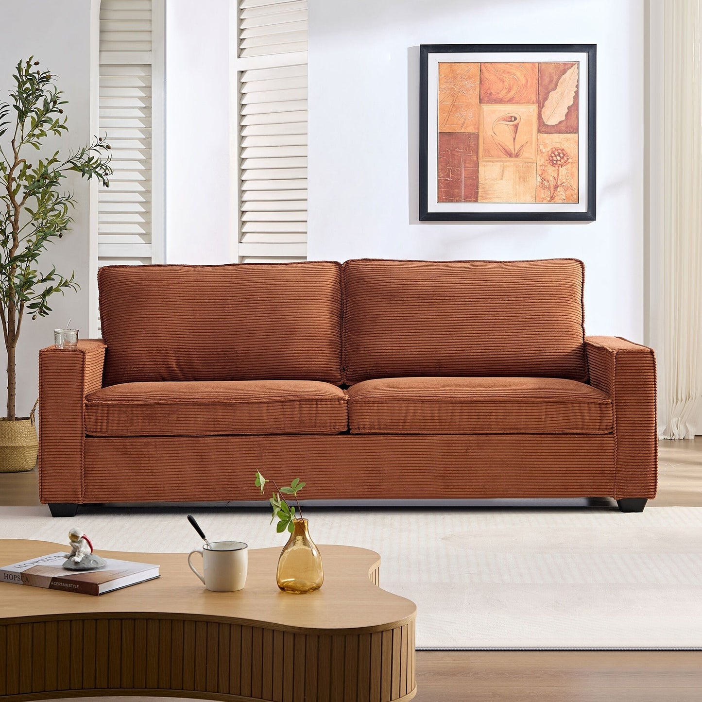 Divano moderno a 3 posti in velluto a coste 87.4 con seduta profonda, portabicchieri e borse portaoggetti per soggiorno