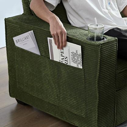 Divano moderno a 3 posti in velluto a coste 87.4 con seduta profonda, portabicchieri e borse portaoggetti per soggiorno