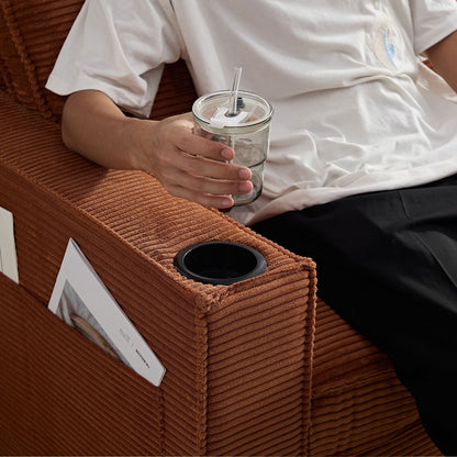 Divano moderno a 3 posti in velluto a coste 87.4 con seduta profonda, portabicchieri e borse portaoggetti per soggiorno