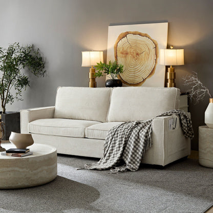 Divano moderno a 3 posti in velluto a coste 87.4 con seduta profonda, portabicchieri e borse portaoggetti per soggiorno