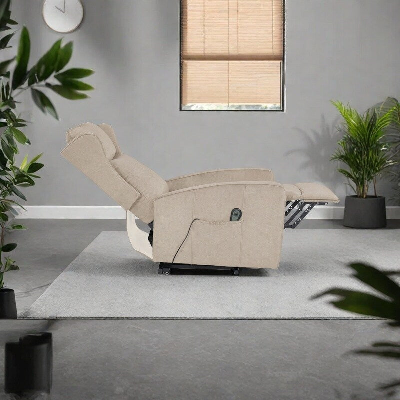 Poltrona reclinabile elettrica moderna regolabile in altezza, poltrona singola in lino con telecomando e tasca laterale, poggiapiedi telescopico