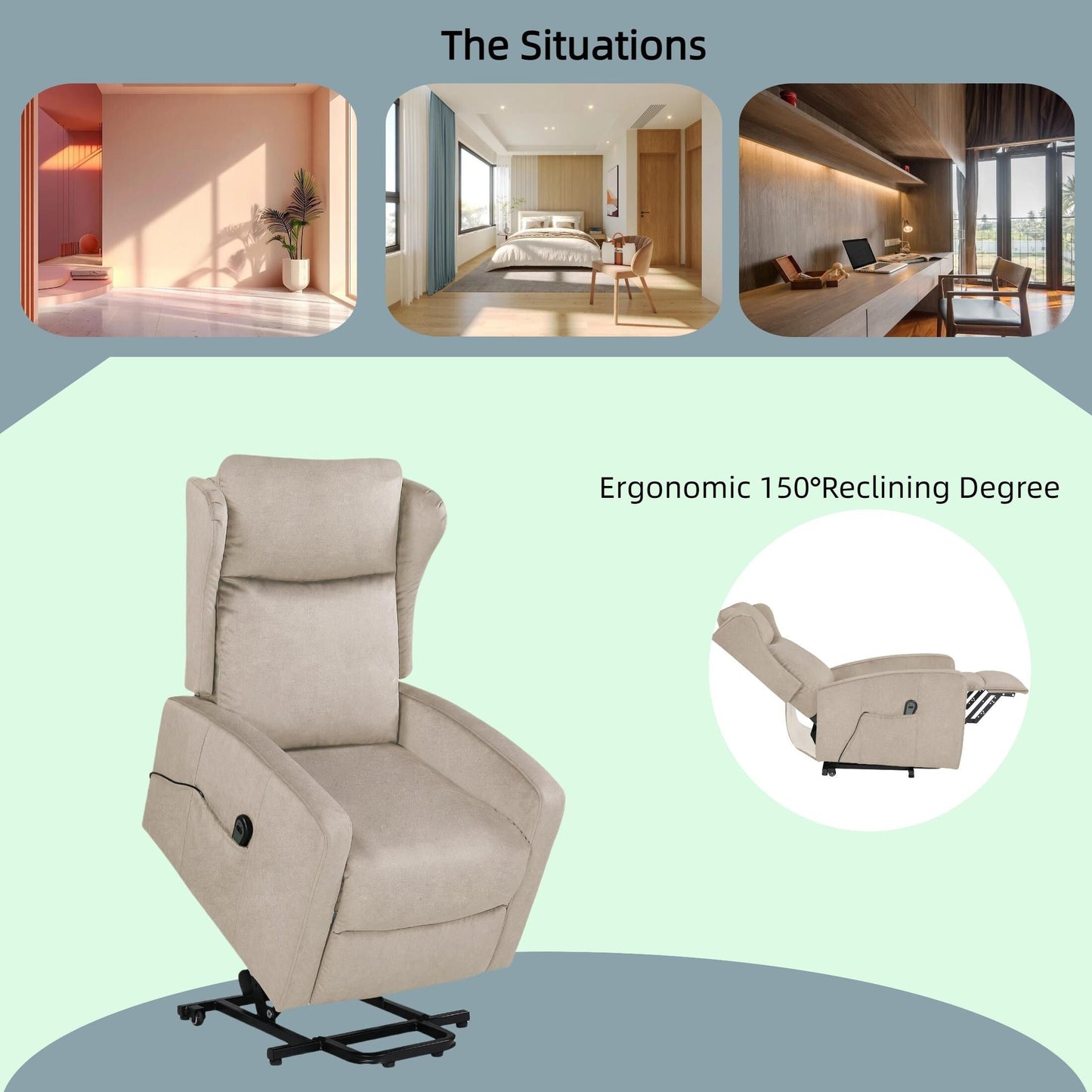 Poltrona reclinabile elettrica moderna regolabile in altezza, poltrona singola in lino con telecomando e tasca laterale, poggiapiedi telescopico