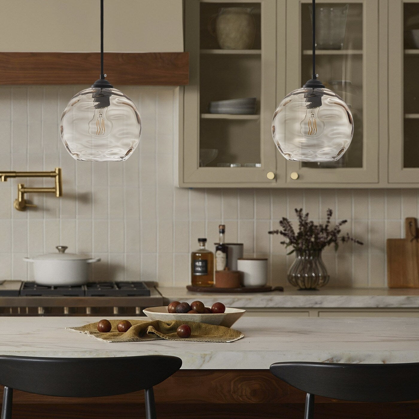 Lampada a sospensione moderna con paralume in vetro trasparente con effetto acqua increspata, nera, a 1 luce