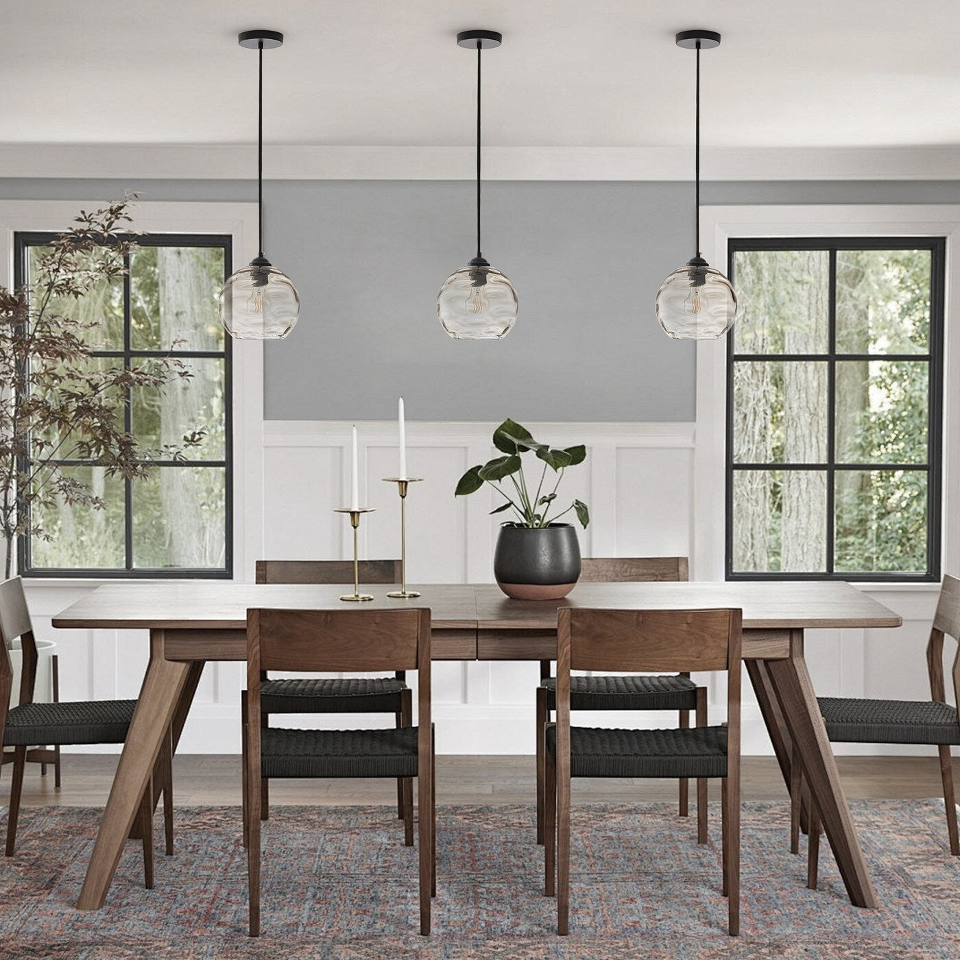 Lampada a sospensione moderna con paralume in vetro trasparente con effetto acqua increspata, nera, a 1 luce