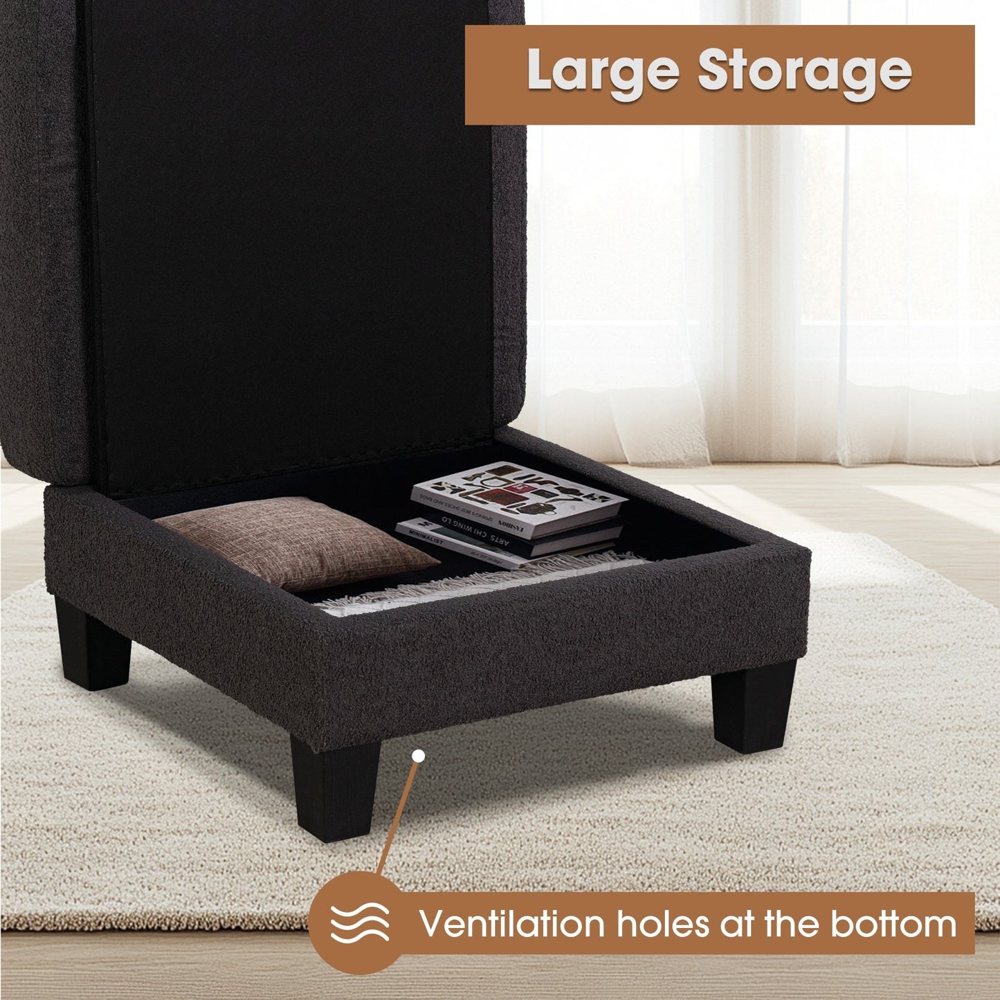 Pouf moderno in tessuto nero con funzione di contenimento