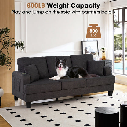 Divano moderno in tessuto nero con porta USB, 2 portabicchieri e 2 cuscini