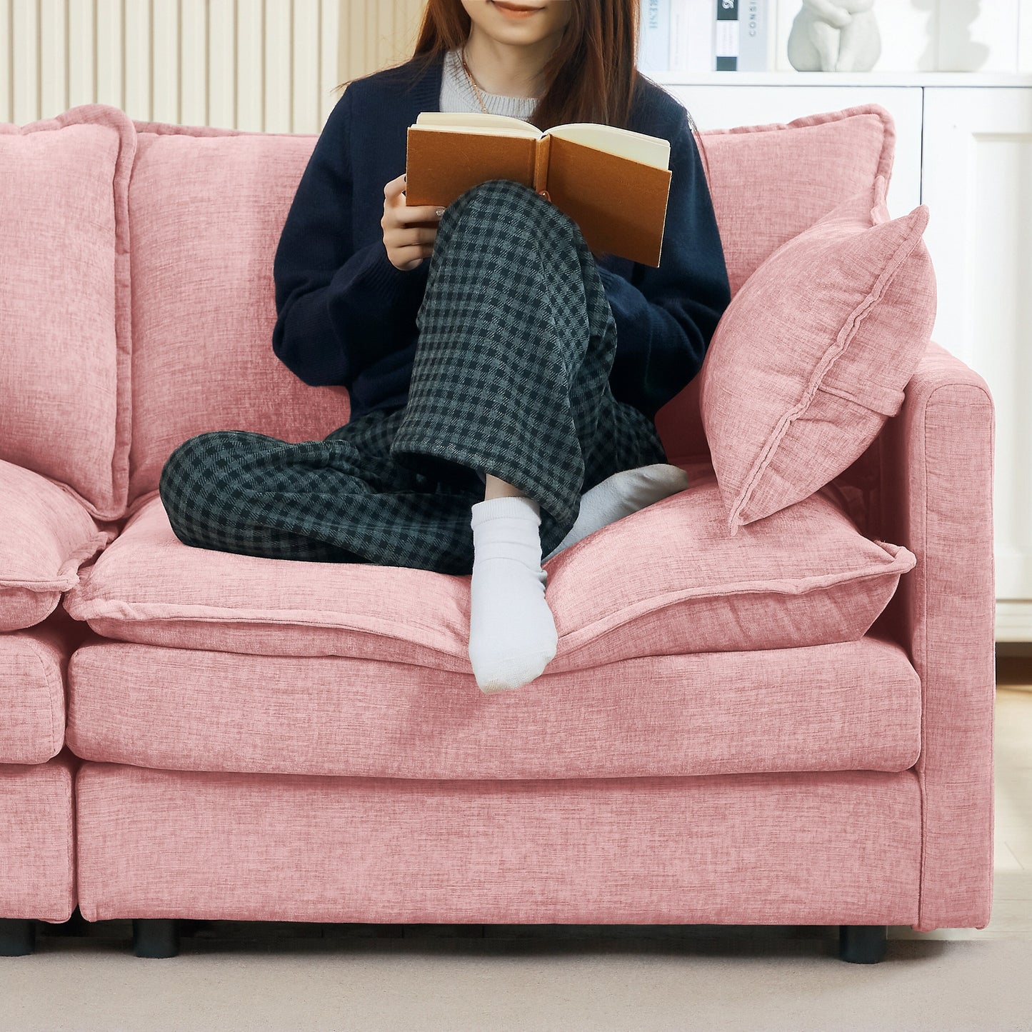 Divano componibile moderno a 3 posti in ciniglia a forma di L con pouf rimovibile per soggiorno