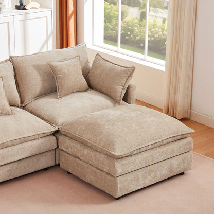 Divano componibile moderno a 3 posti in ciniglia a forma di L con pouf rimovibile per soggiorno