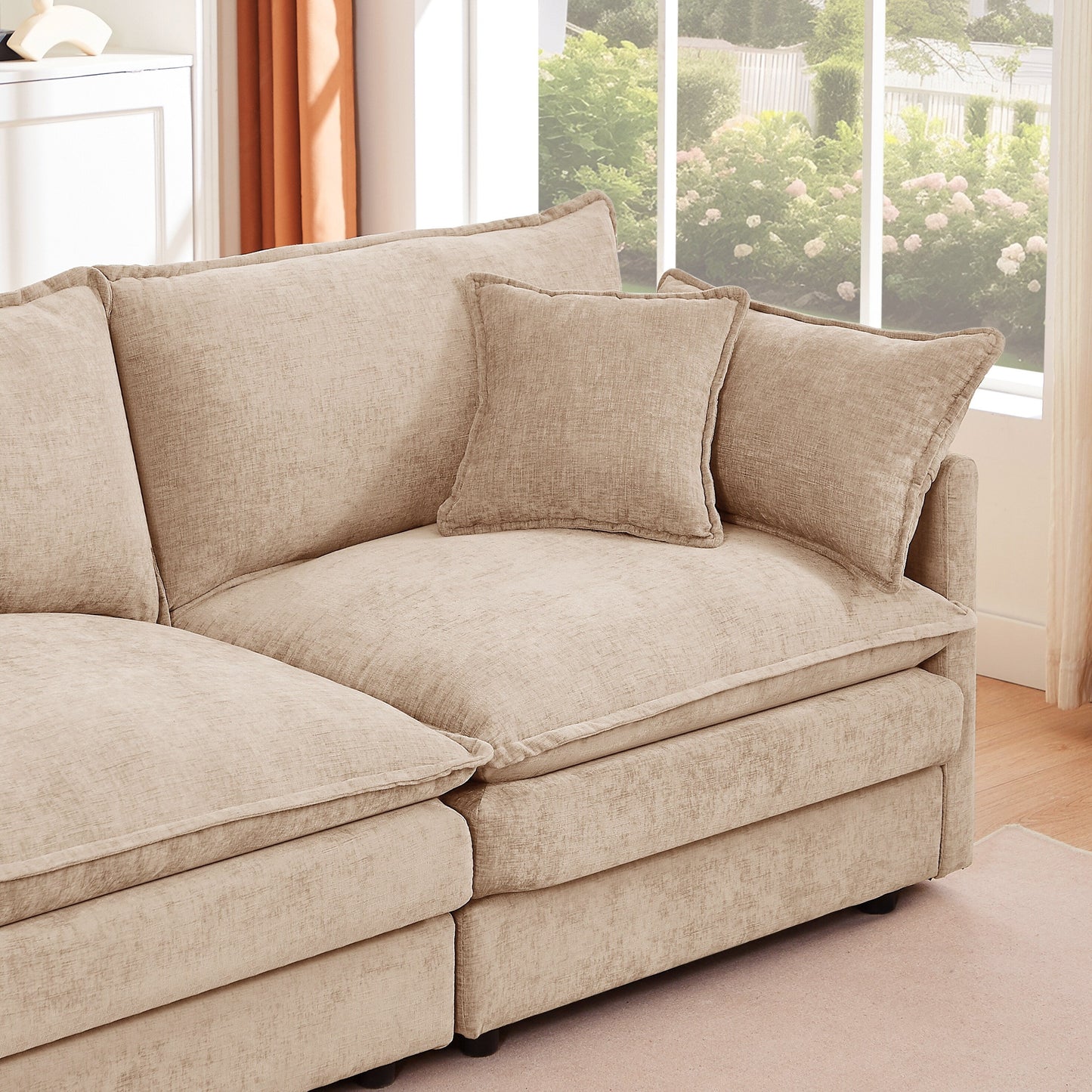 Divano componibile moderno a 3 posti in ciniglia a forma di L con pouf rimovibile per soggiorno