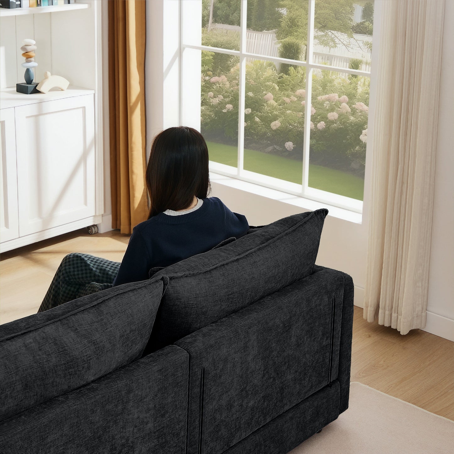 Divano componibile moderno a 3 posti in ciniglia a forma di L con pouf rimovibile per soggiorno