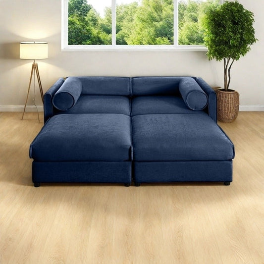 Divano moderno in ciniglia a 6 posti con contenitore pouf, contenitore nascosto, braccioli e schienale cilindrici imbottiti