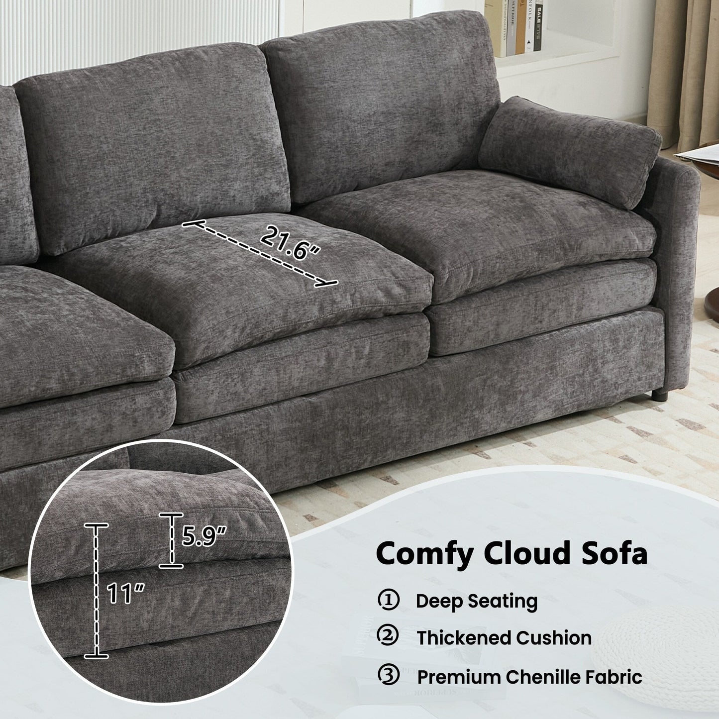 Divano moderno a 3 posti imbottito e confortevole in ciniglia, divano a 3 posti Comfy Cloud con 2 cuscini lombari, divano con cuscino di peluche