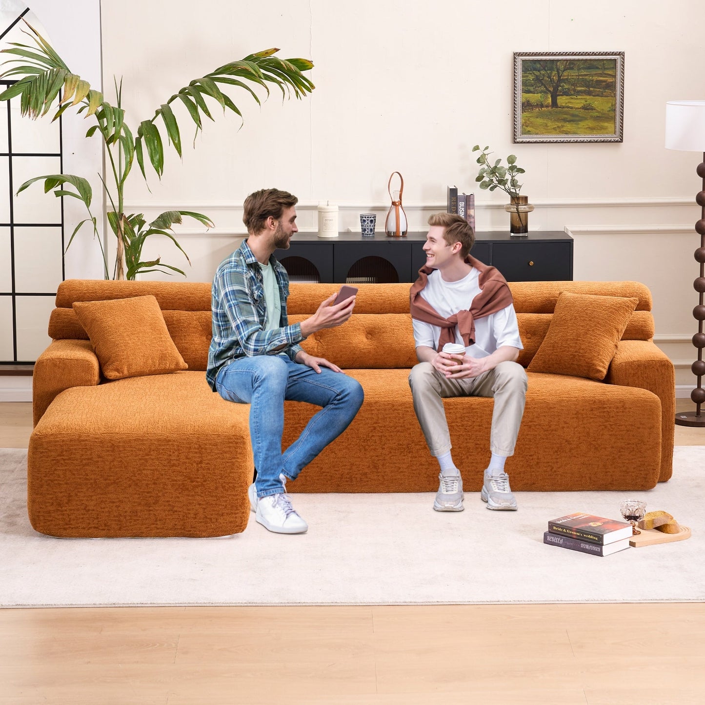 Divano componibile modulare moderno a 4 posti a forma di L in ciniglia con 2 cuscini per il soggiorno dell'appartamento