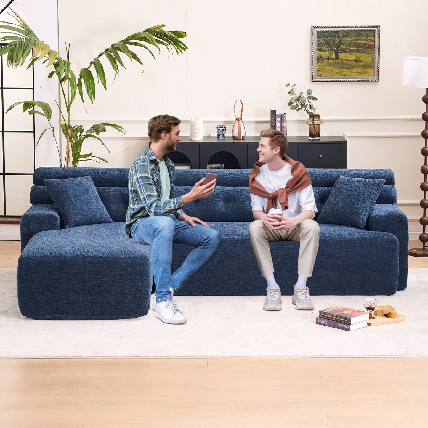 Divano componibile modulare moderno a 4 posti a forma di L in ciniglia con 2 cuscini per il soggiorno dell'appartamento