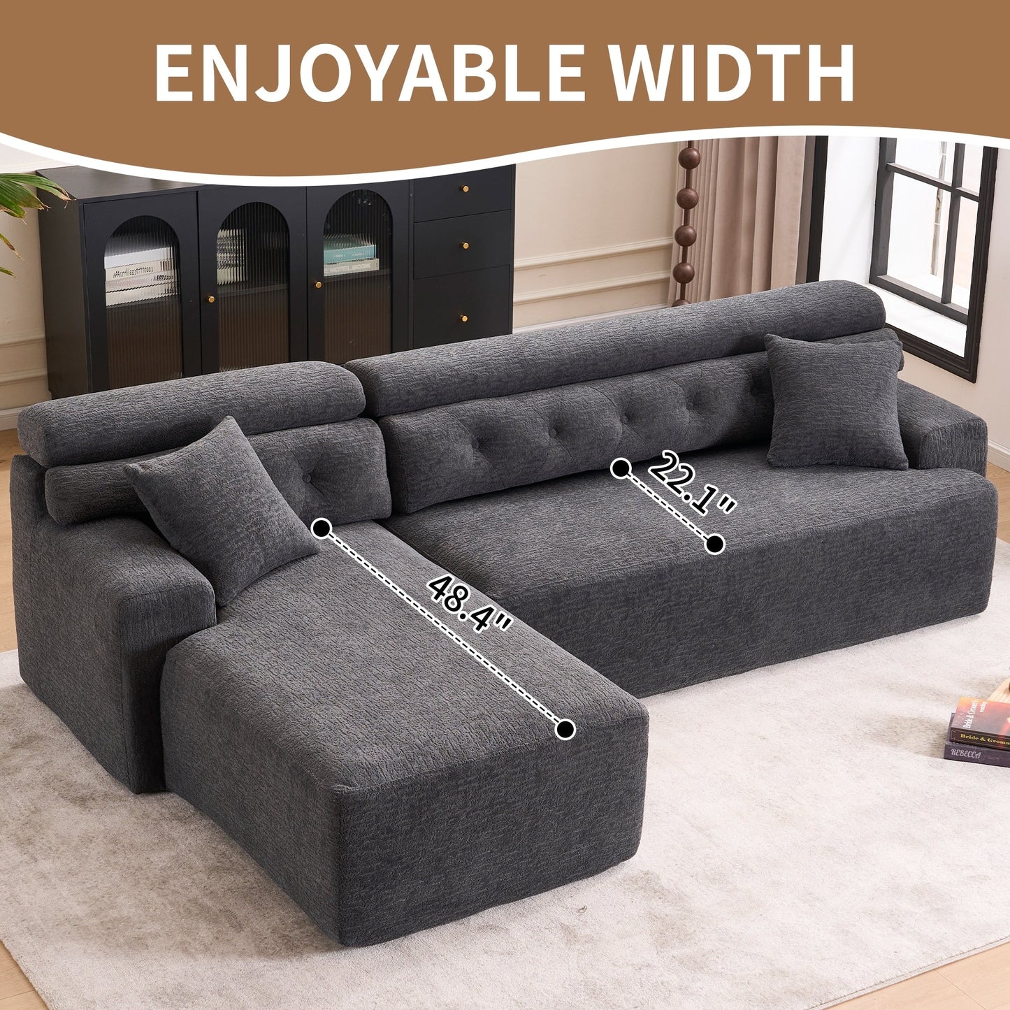 Divano componibile modulare moderno a 4 posti a forma di L in ciniglia con 2 cuscini per il soggiorno dell'appartamento