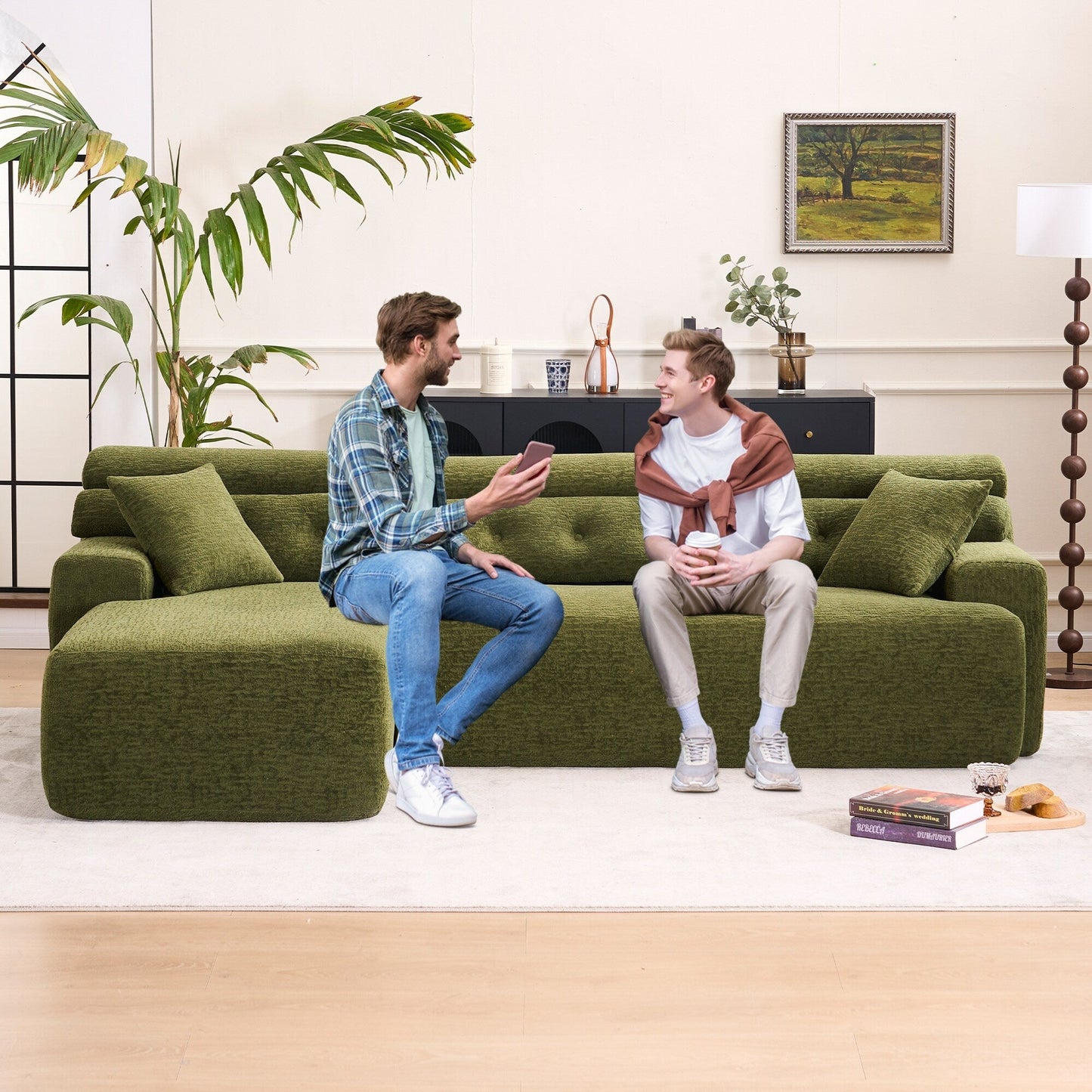 Divano componibile modulare moderno a 4 posti a forma di L in ciniglia con 2 cuscini per il soggiorno dell'appartamento