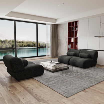 Divano componibile moderno curvo in ciniglia a 3 posti con cuscini cilindrici per soggiorno