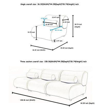 Divano componibile moderno curvo in ciniglia a 3 posti con cuscini cilindrici per soggiorno