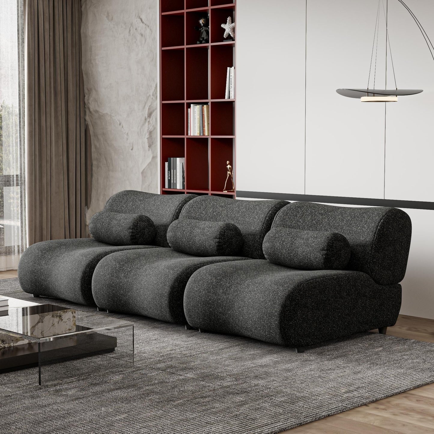 Divano componibile moderno curvo in ciniglia a 3 posti con cuscini cilindrici per soggiorno