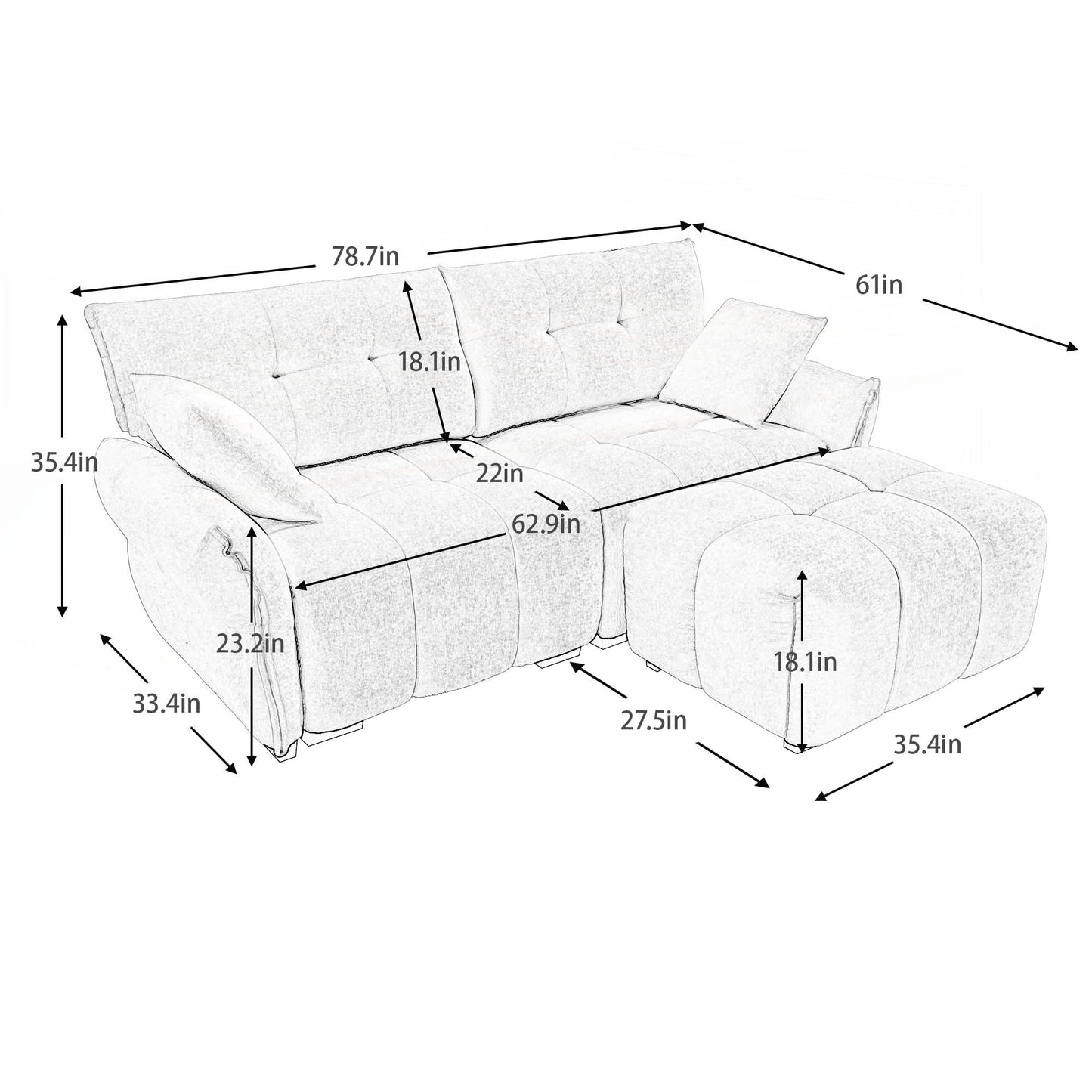 Divano moderno a 2 posti in tessuto ciniglia con pouf