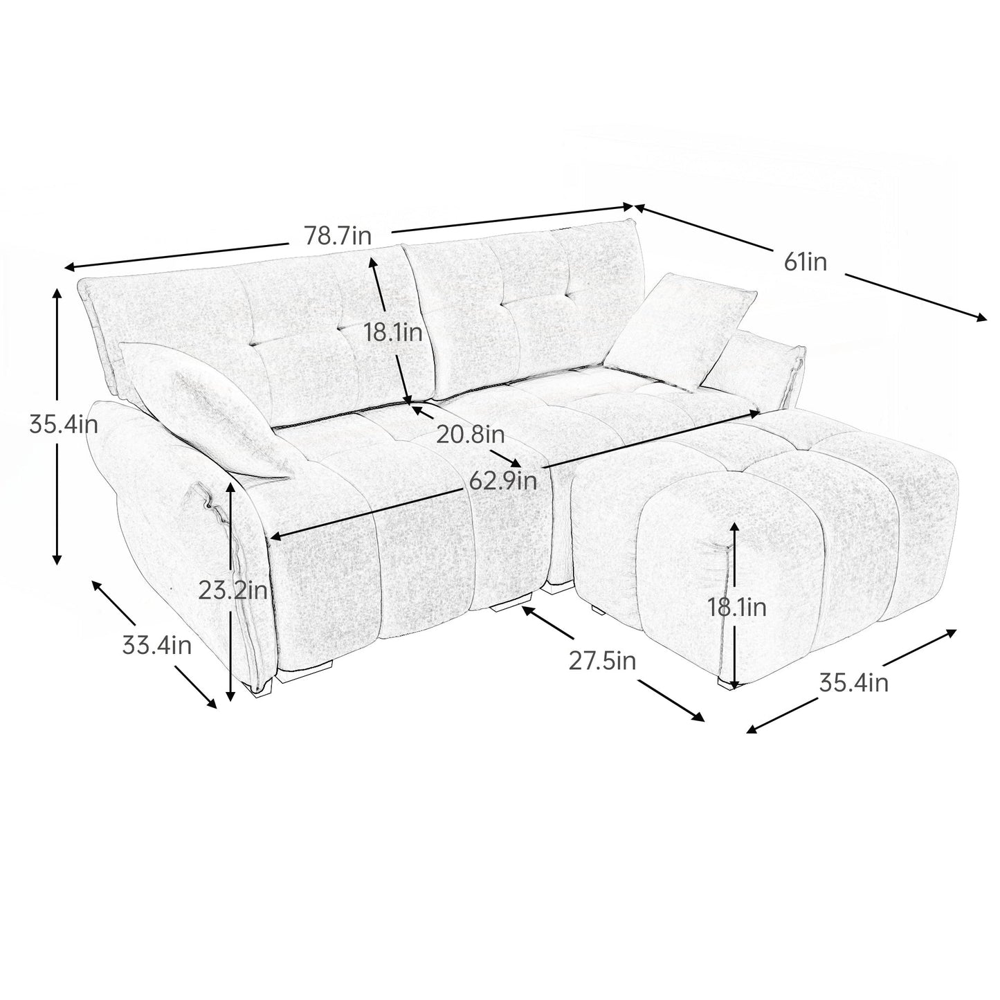 Divano moderno a 2 posti in tessuto ciniglia con pouf
