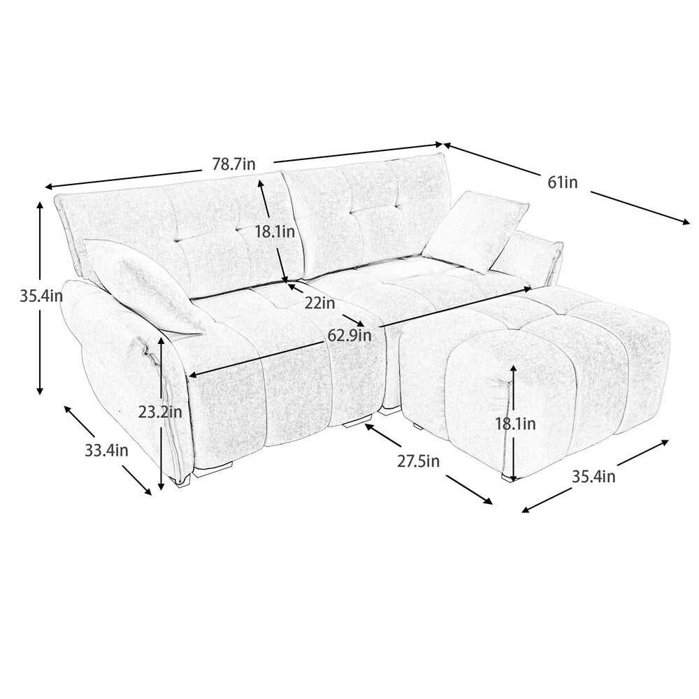 Divano moderno a 2 posti in tessuto ciniglia con pouf