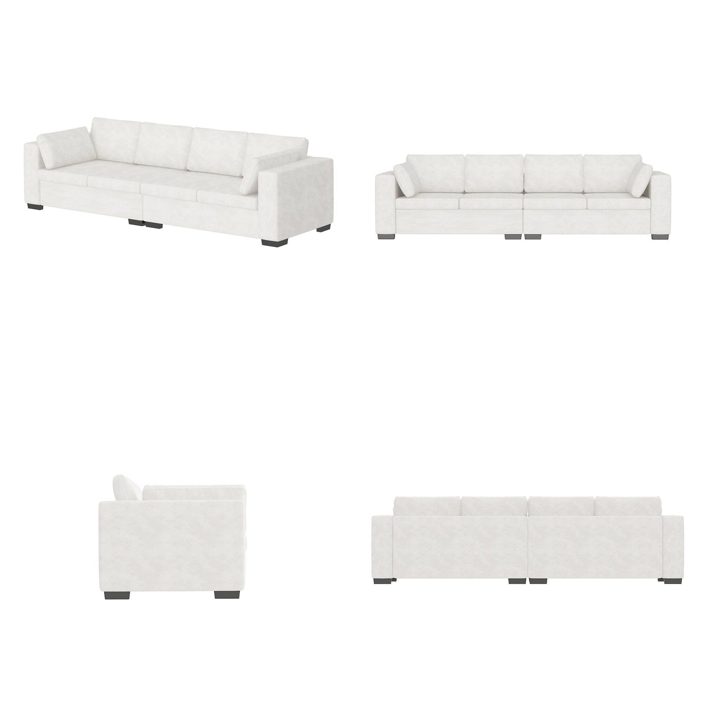 Divano moderno a 4 posti in tessuto ciniglia, bianco sporco, struttura in legno, schiuma altamente elastica