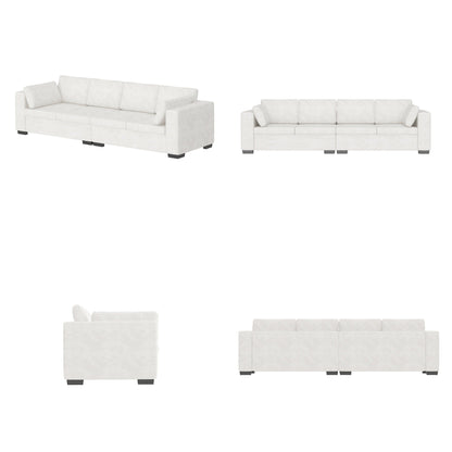 Divano moderno a 4 posti in tessuto ciniglia, bianco sporco, struttura in legno, schiuma altamente elastica