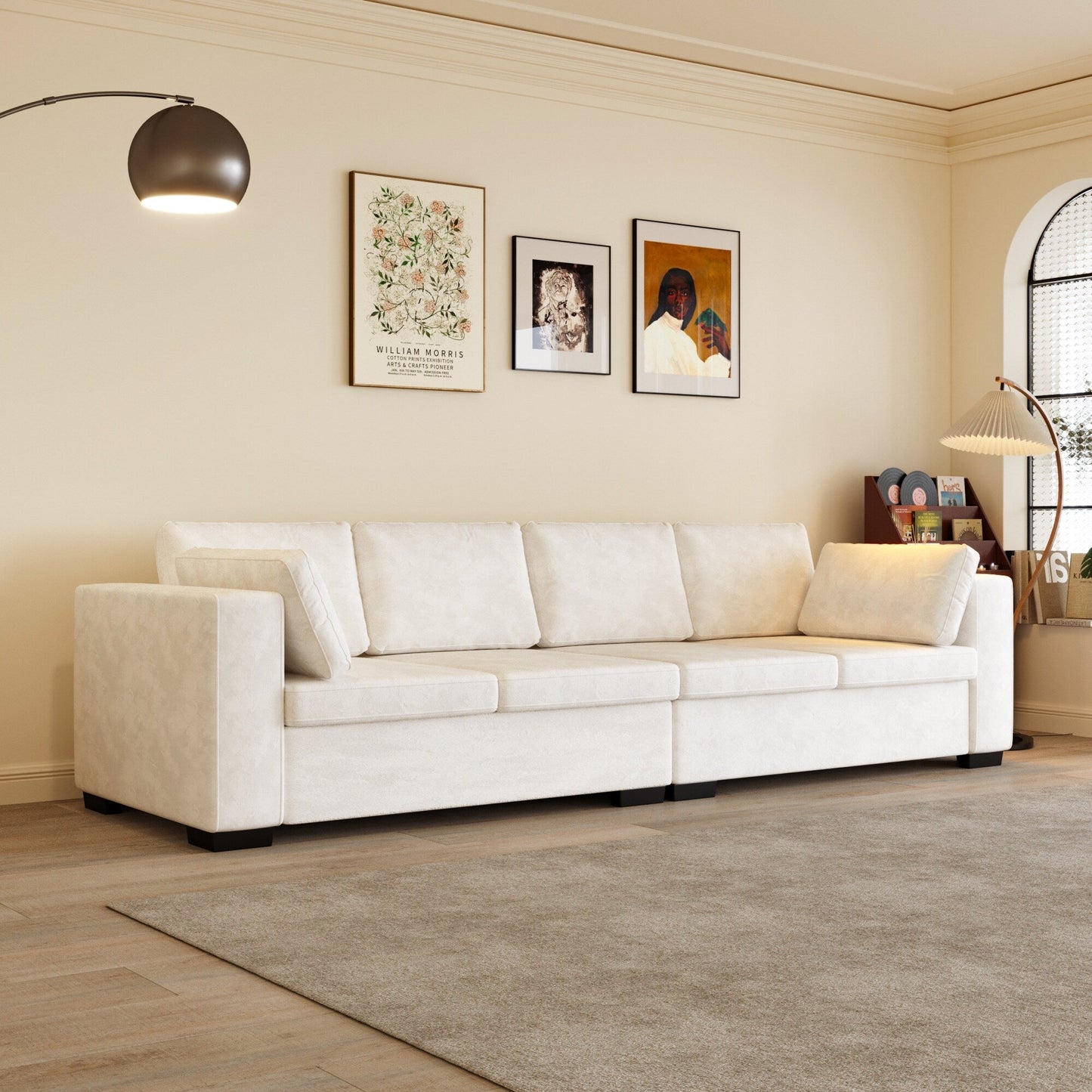 Divano moderno a 4 posti in tessuto ciniglia, bianco sporco, struttura in legno, schiuma altamente elastica