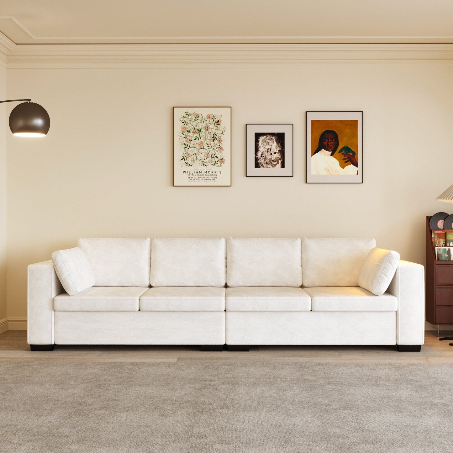 Divano moderno a 4 posti in tessuto ciniglia, bianco sporco, struttura in legno, schiuma altamente elastica