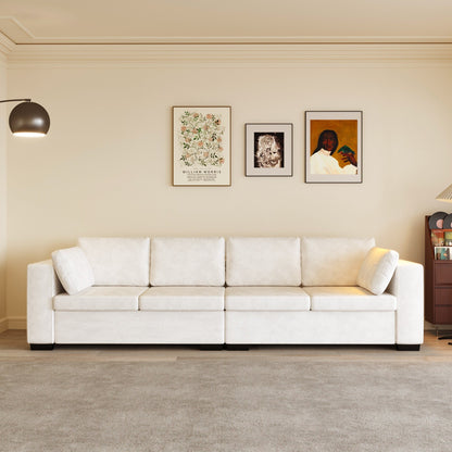 Divano moderno a 4 posti in tessuto ciniglia, bianco sporco, struttura in legno, schiuma altamente elastica