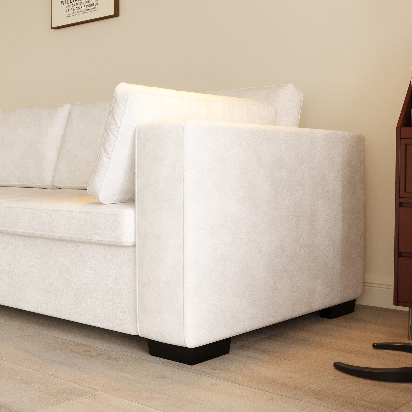 Divano moderno a 4 posti in tessuto ciniglia, bianco sporco, struttura in legno, schiuma altamente elastica