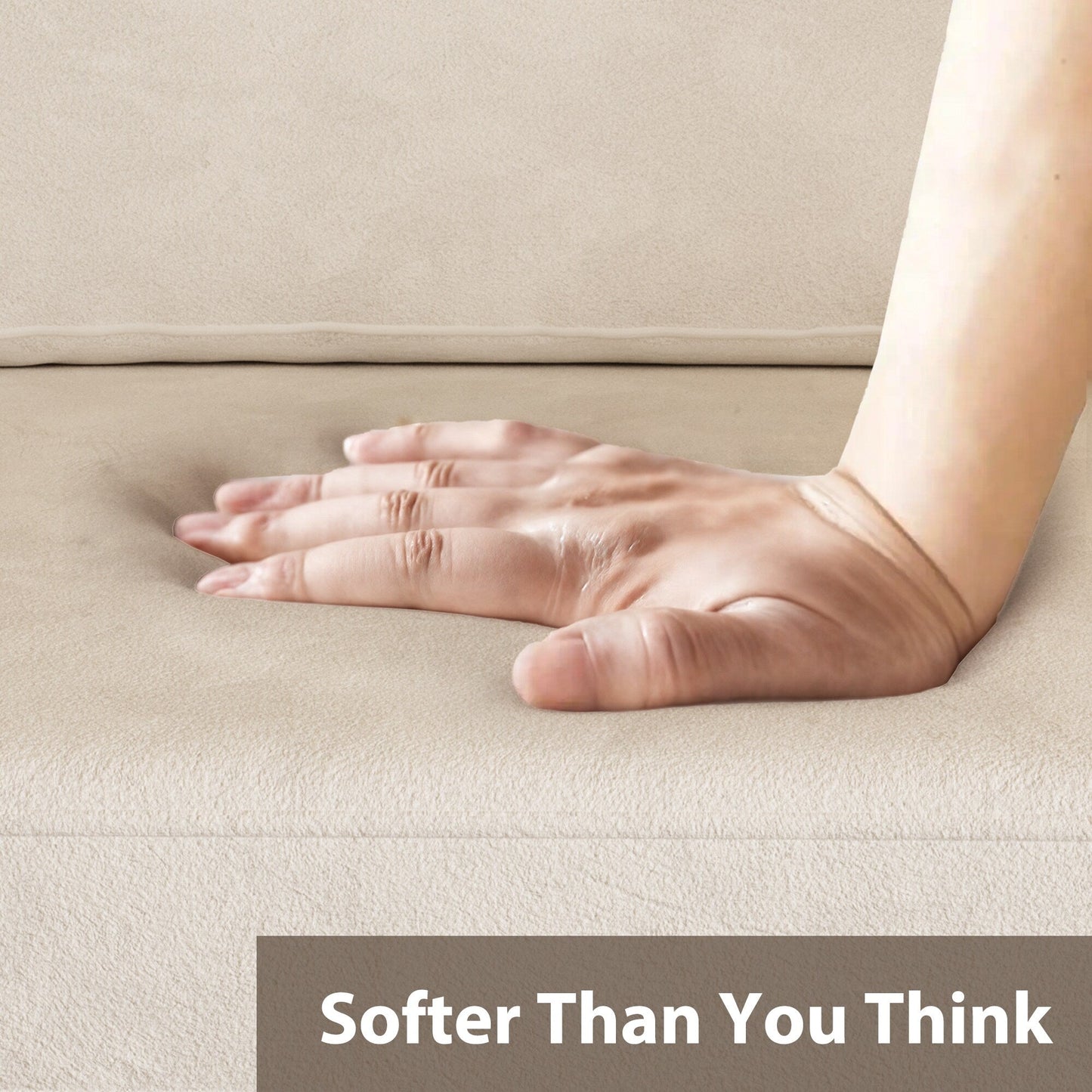 Divano moderno a 4 posti in tessuto ciniglia, bianco sporco, struttura in legno, schiuma altamente elastica