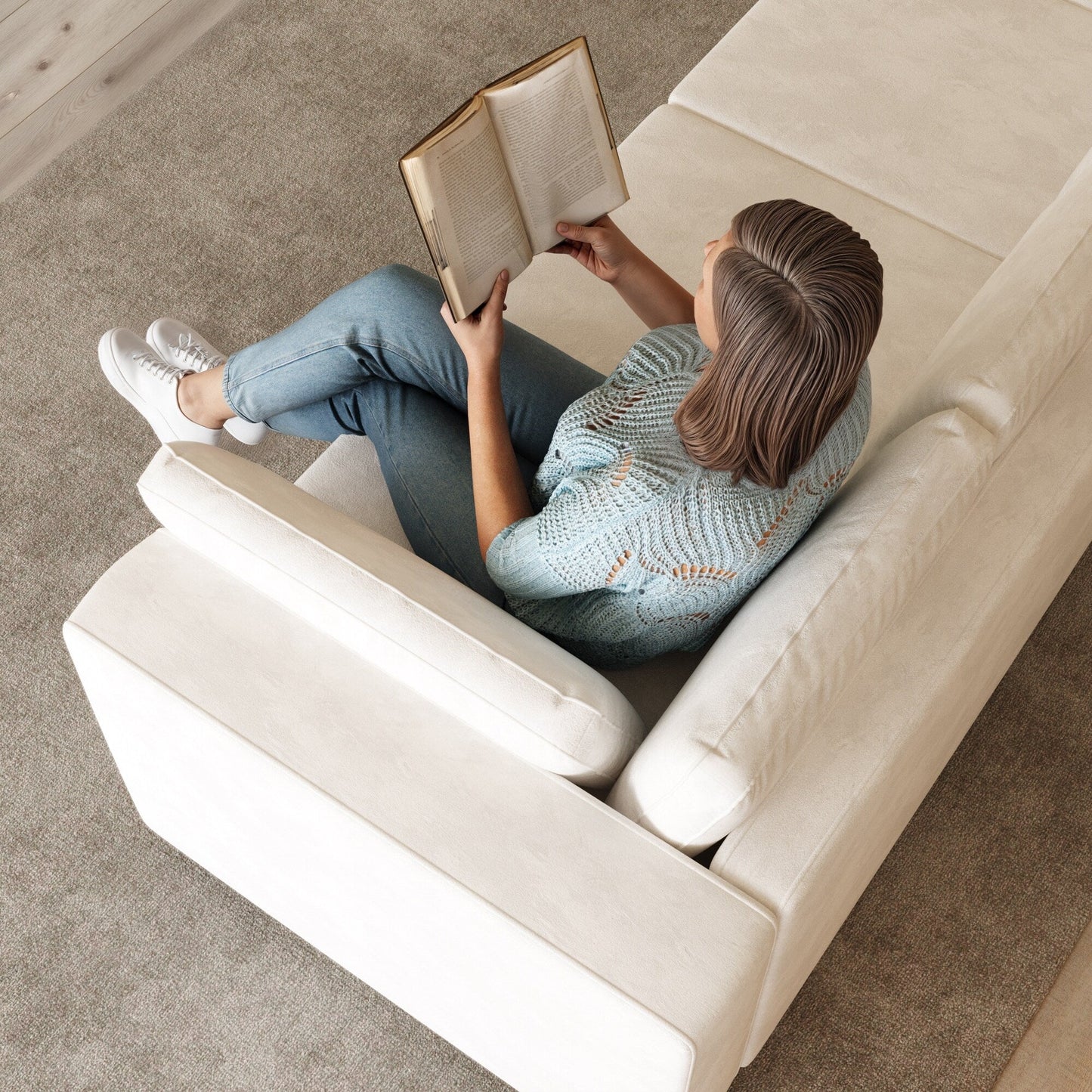 Divano moderno a 4 posti in tessuto ciniglia, bianco sporco, struttura in legno, schiuma altamente elastica