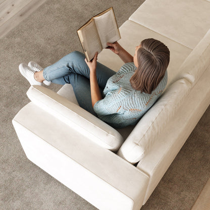 Divano moderno a 4 posti in tessuto ciniglia, bianco sporco, struttura in legno, schiuma altamente elastica