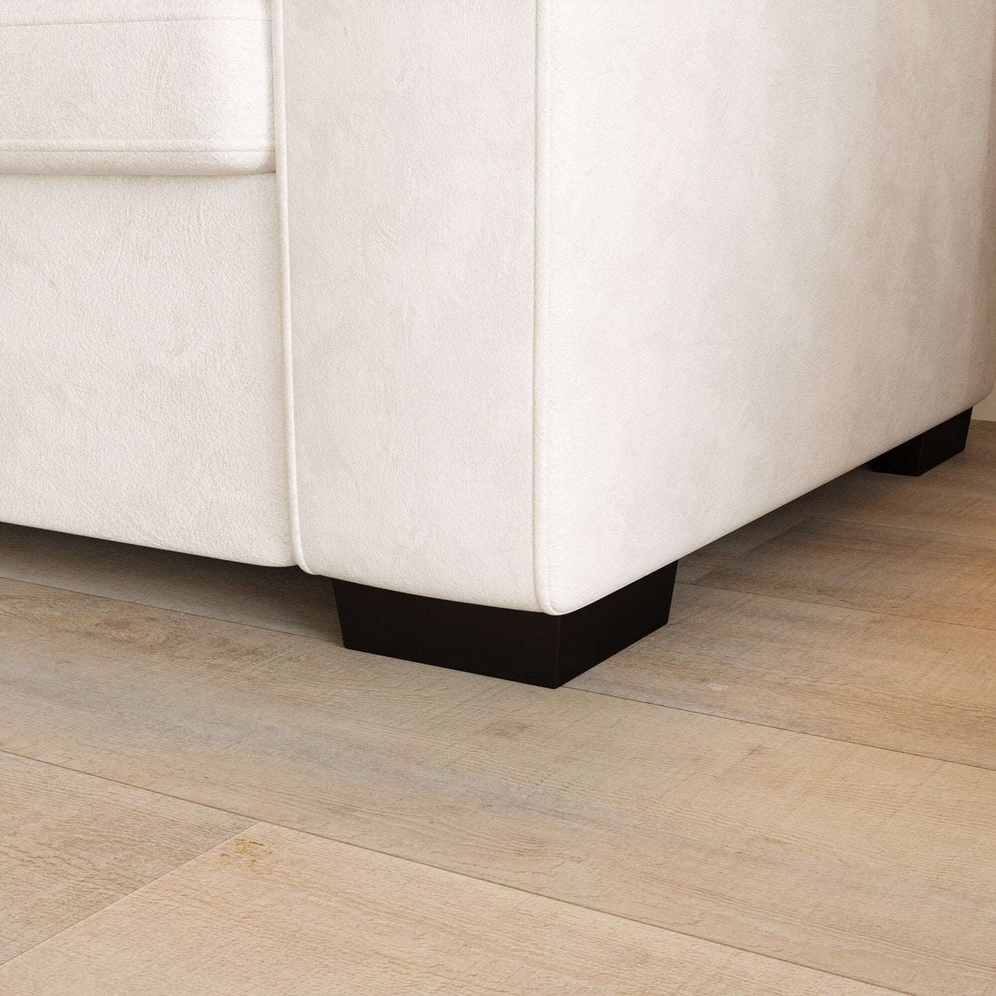 Divano moderno a 4 posti in tessuto ciniglia, bianco sporco, struttura in legno, schiuma altamente elastica