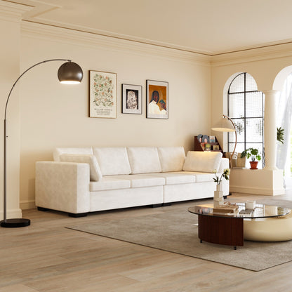 Divano moderno a 4 posti in tessuto ciniglia, bianco sporco, struttura in legno, schiuma altamente elastica