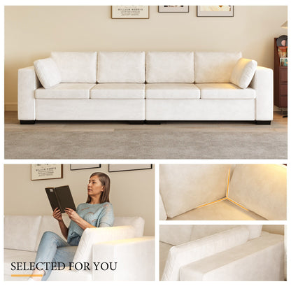 Divano moderno a 4 posti in tessuto ciniglia, bianco sporco, struttura in legno, schiuma altamente elastica