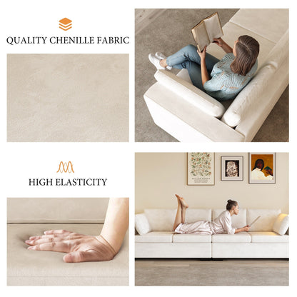 Divano moderno a 4 posti in tessuto ciniglia, bianco sporco, struttura in legno, schiuma altamente elastica