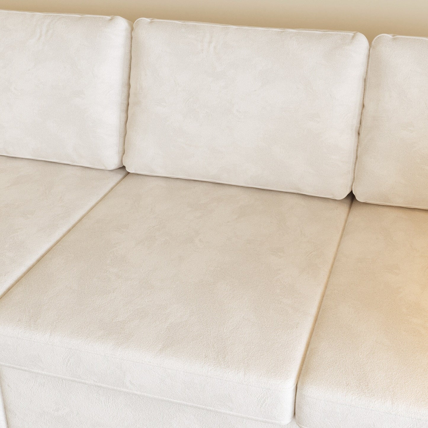 Divano moderno a 4 posti in tessuto ciniglia, bianco sporco, struttura in legno, schiuma altamente elastica