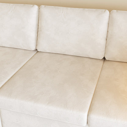 Divano moderno a 4 posti in tessuto ciniglia, bianco sporco, struttura in legno, schiuma altamente elastica