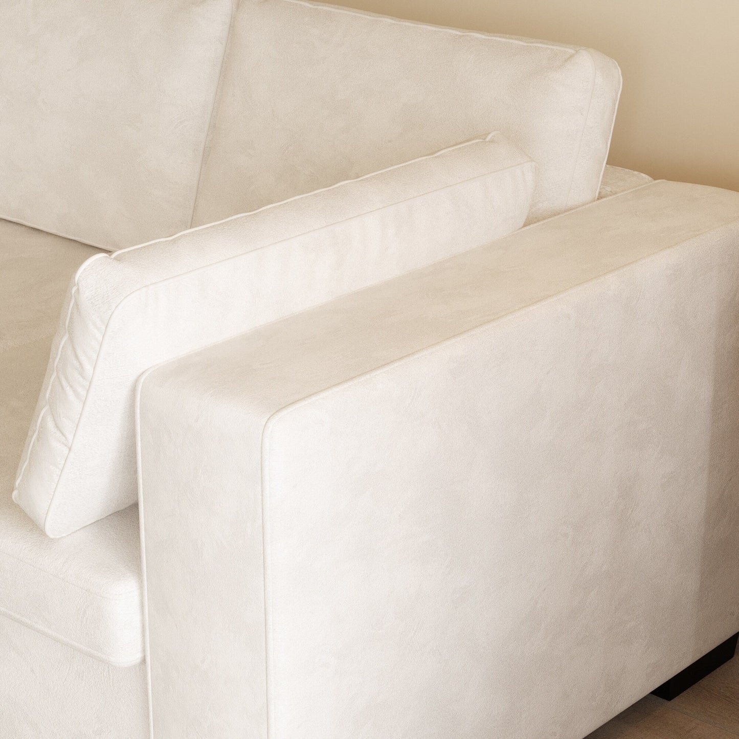 Divano moderno a 4 posti in tessuto ciniglia, bianco sporco, struttura in legno, schiuma altamente elastica