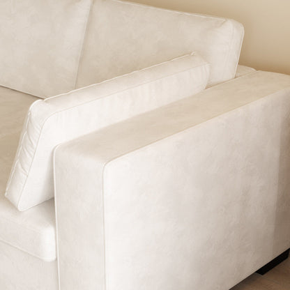 Divano moderno a 4 posti in tessuto ciniglia, bianco sporco, struttura in legno, schiuma altamente elastica