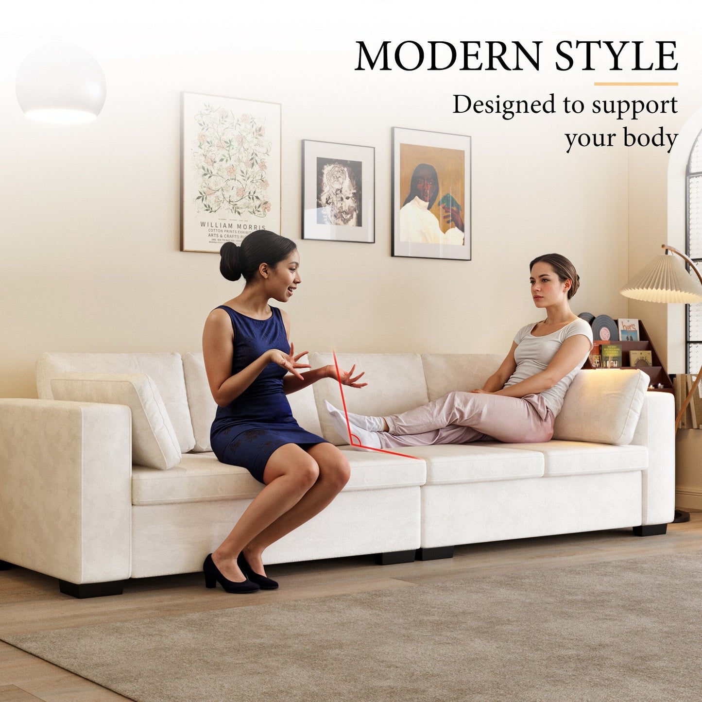 Divano moderno a 4 posti in tessuto ciniglia, bianco sporco, struttura in legno, schiuma altamente elastica