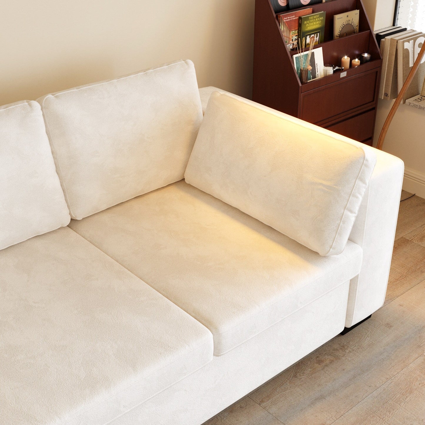 Divano moderno a 4 posti in tessuto ciniglia, bianco sporco, struttura in legno, schiuma altamente elastica