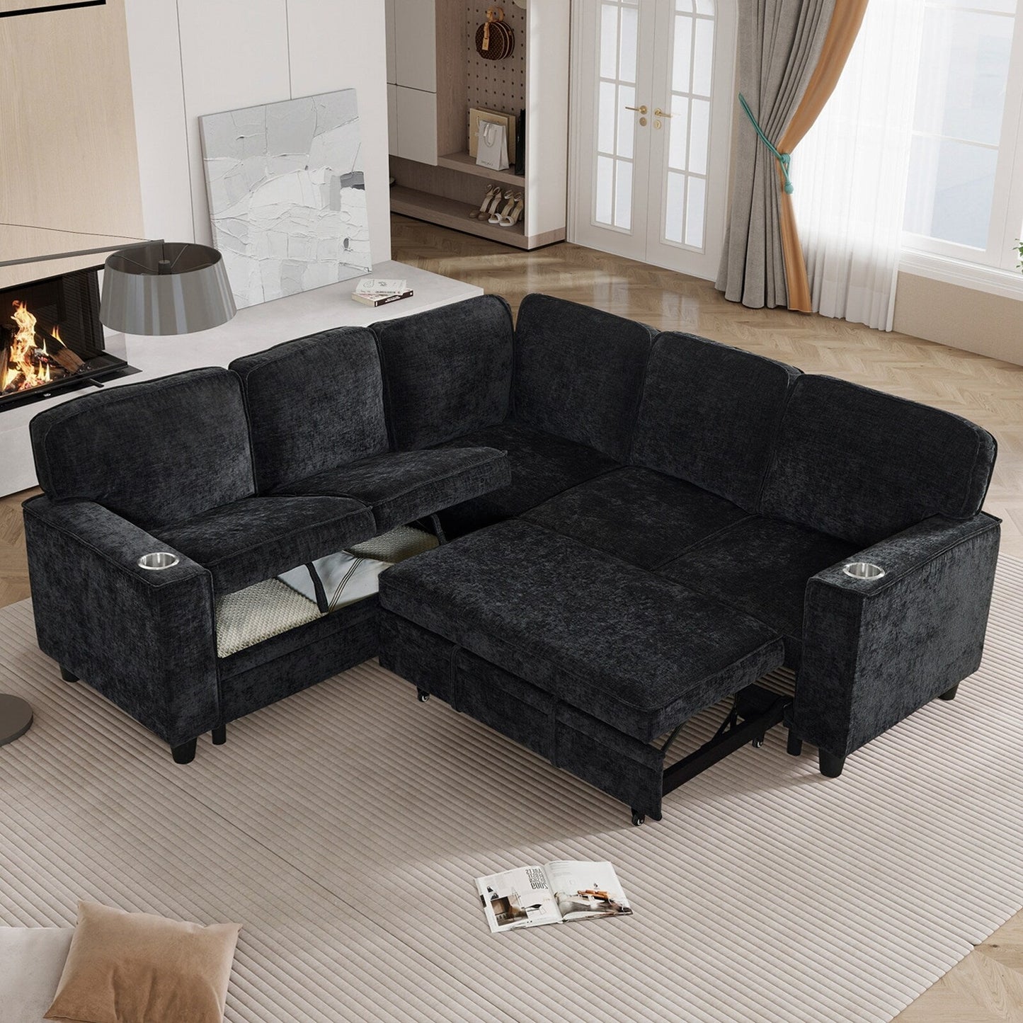 Divano letto componibile moderno a 5 posti a L in ciniglia con contenitore, porte USB e portabicchieri per soggiorno